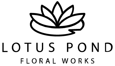 Lotus Pond Floral Works logo with a stylized lotus flower icon above the words “LOTUS POND FLORAL WORKS” in black on a transparent background.